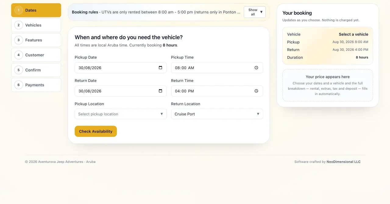 Aventurova booking system — custom rental software built by NeoDimensional