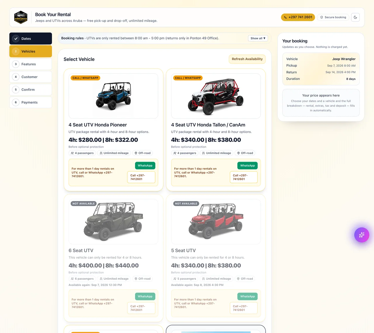 Aventurova booking flow, vehicle step