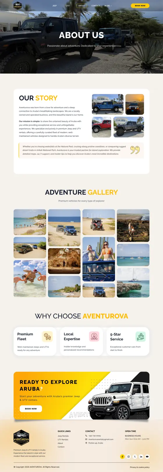 Aventurova Jeep & UTV Rental Website: the About page, full length