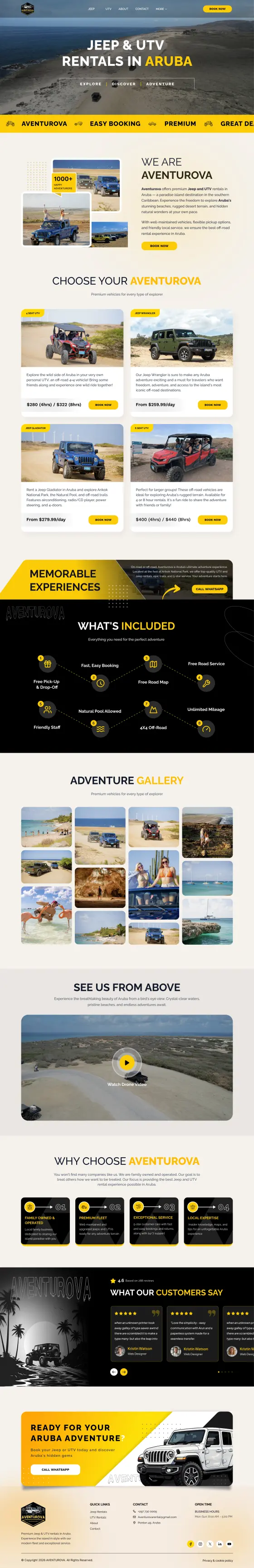Aventurova Jeep & UTV Rental Website: the Home page, full length
