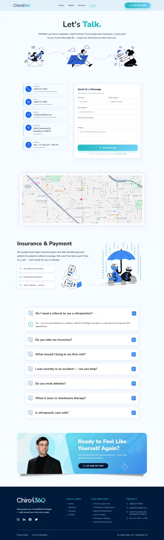 Chiro360 Chiropractic Clinic Website: the Contact page, full length