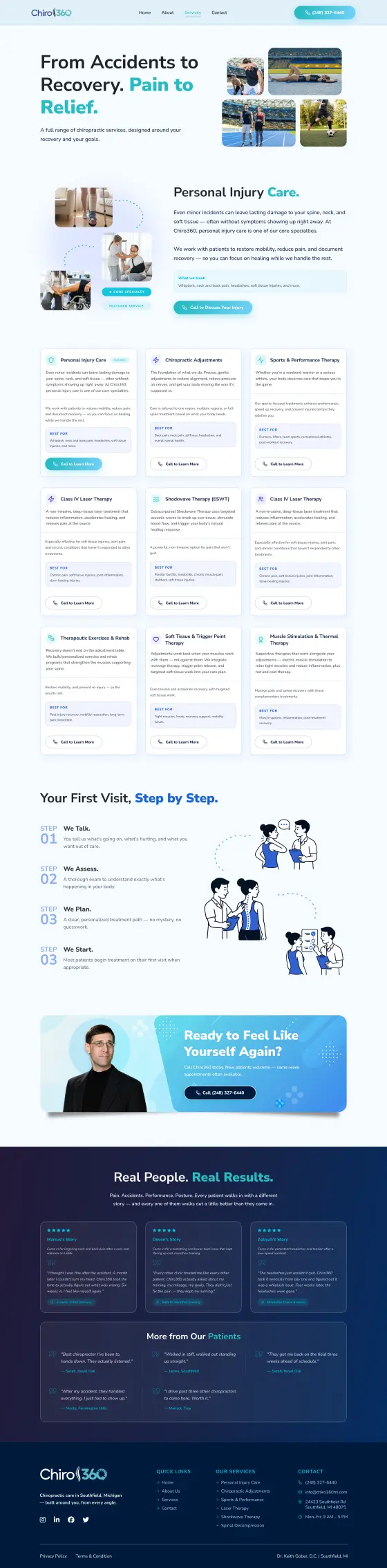 Chiro360 Chiropractic Clinic Website: the Services page, full length