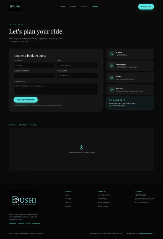 Dushi Transfers Chauffeur Website: the Contact page, full length