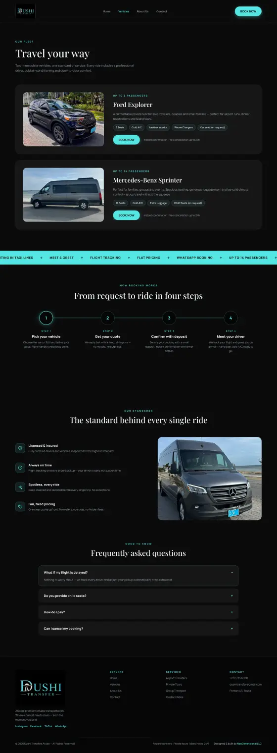 Dushi Transfers Chauffeur Website: the Vehicles page, full length