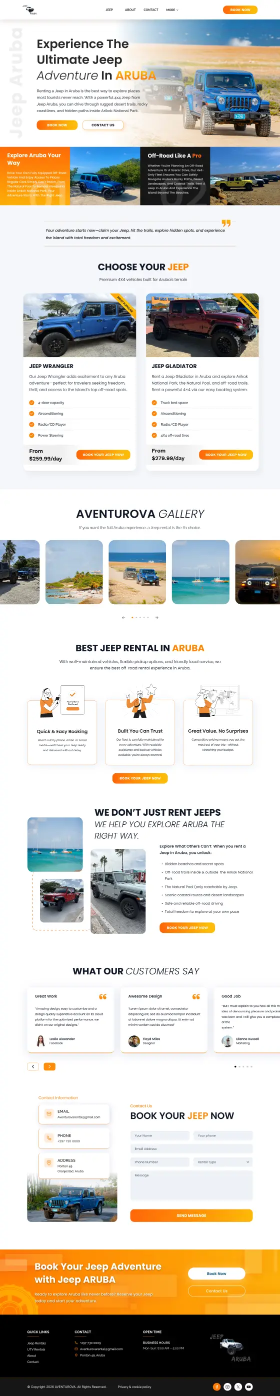 Jeep Aruba Rental Website: the Home page, full length