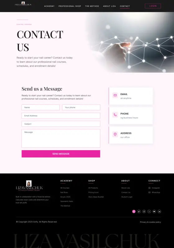 Liza Vasilchuk Nail Academy Website: the Contact page, full length