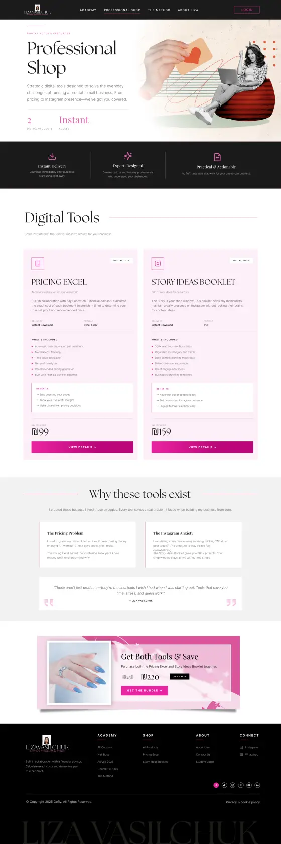 Liza Vasilchuk Nail Academy Website: the Shop page, full length