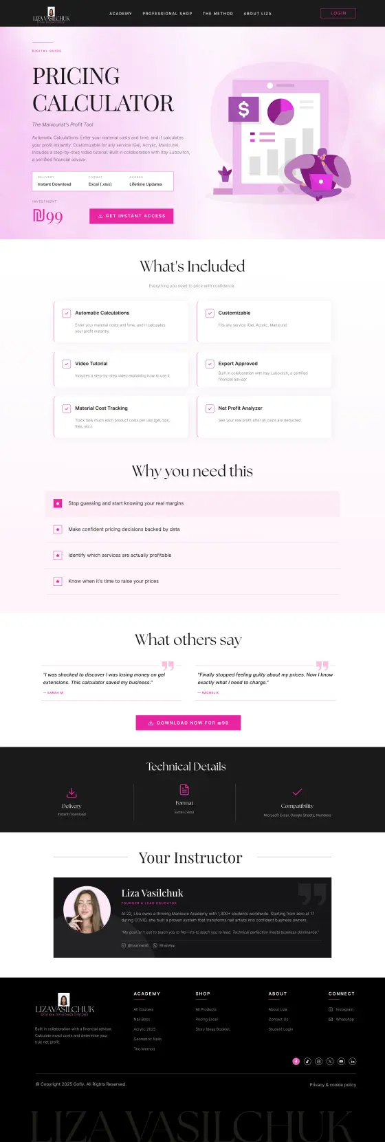 Liza Vasilchuk Nail Academy Website: the Pricing Calculator page, full length