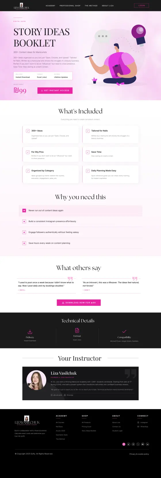 Liza Vasilchuk Nail Academy Website: the Story Ideas page, full length