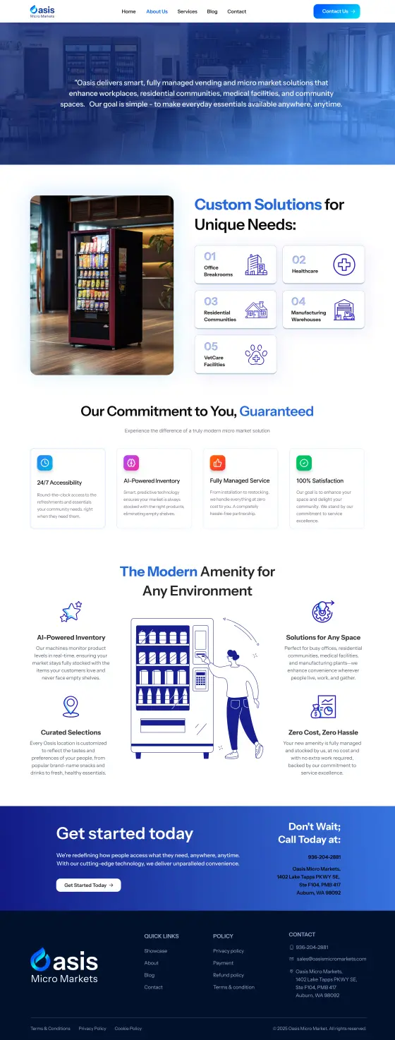 Oasis Smart Vending Website: the About page, full length