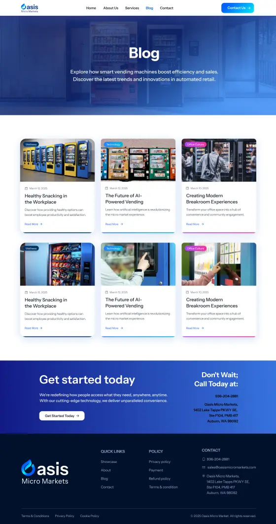 Oasis Smart Vending Website: the Blog page, full length