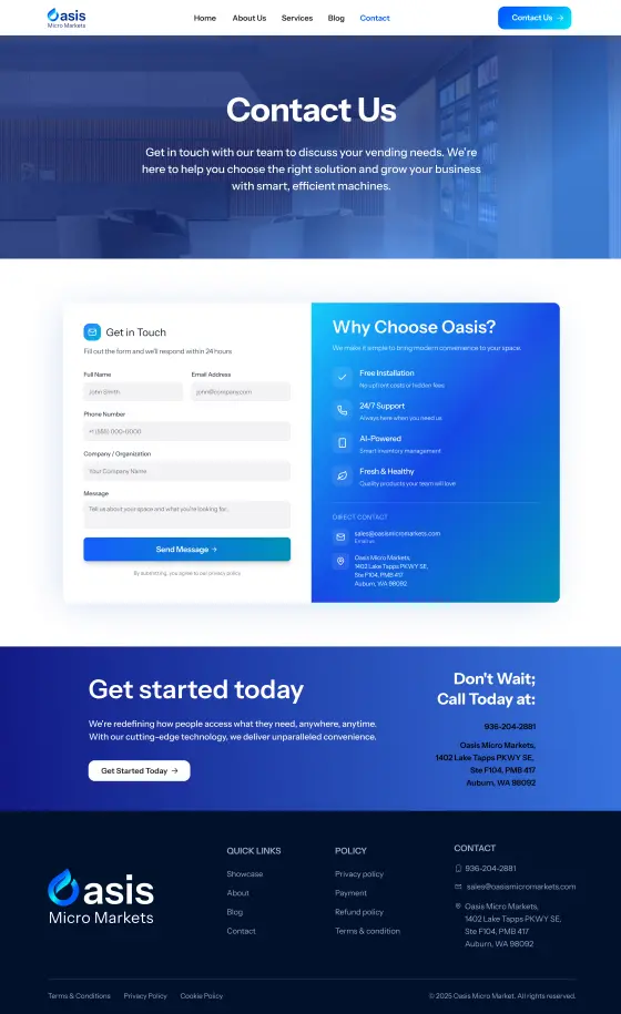 Oasis Smart Vending Website: the Contact page, full length
