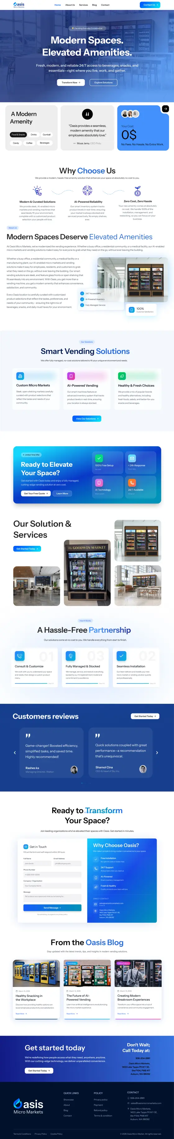 Oasis Smart Vending Website: the Home page, full length