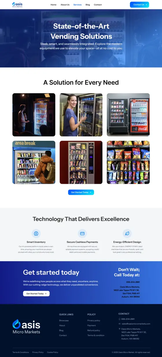 Oasis Smart Vending Website: the Services page, full length