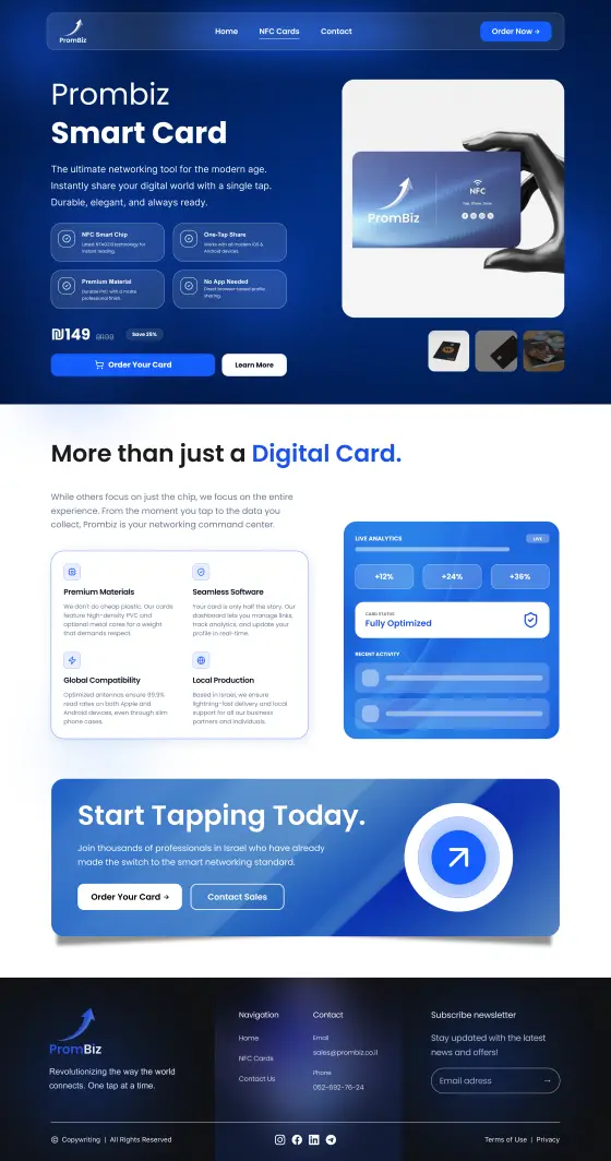 PromBiz NFC Business Card Website: the NFC Cards page, full length