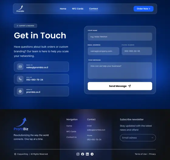 PromBiz NFC Business Card Website: the Contact page, full length