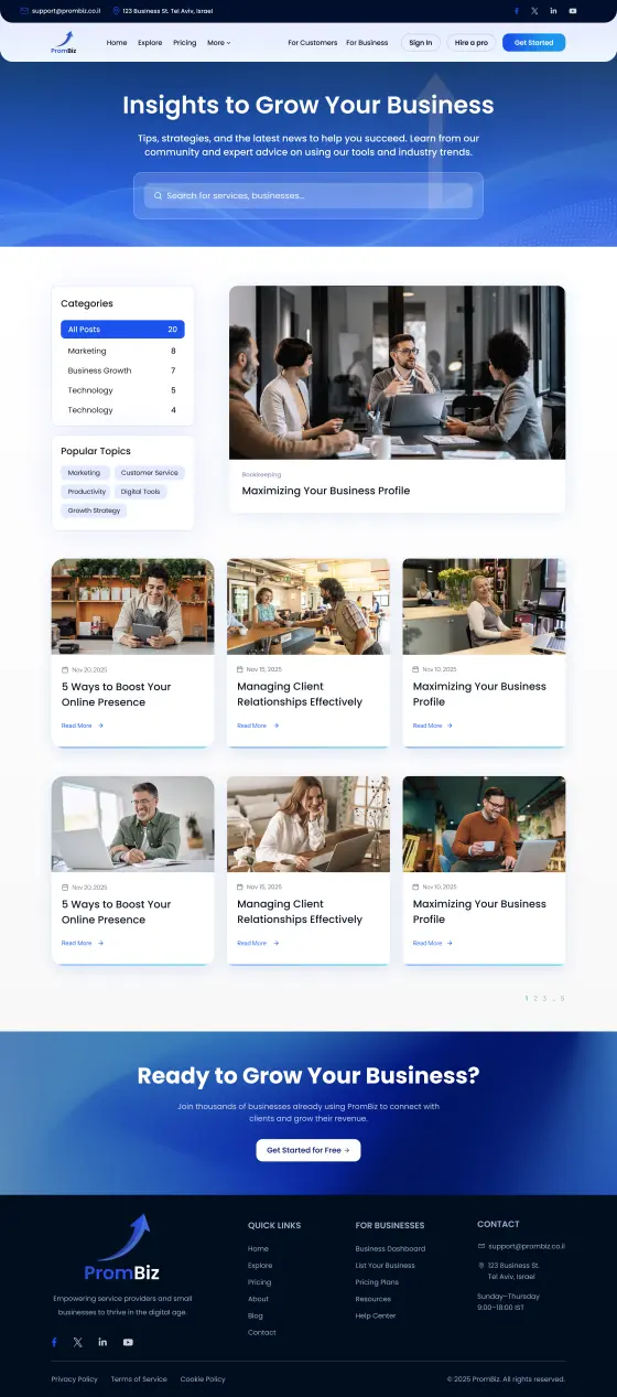 PromBiz Business Growth Platform Website: the Blog page, full length