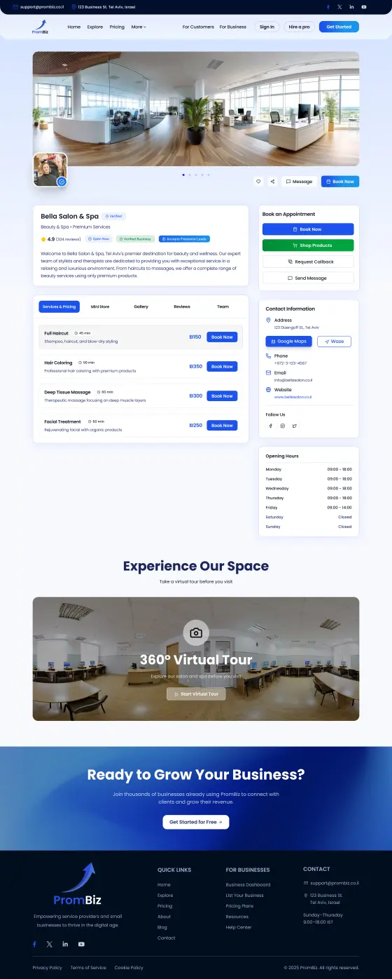 PromBiz Business Growth Platform Website: the Business profile page, full length