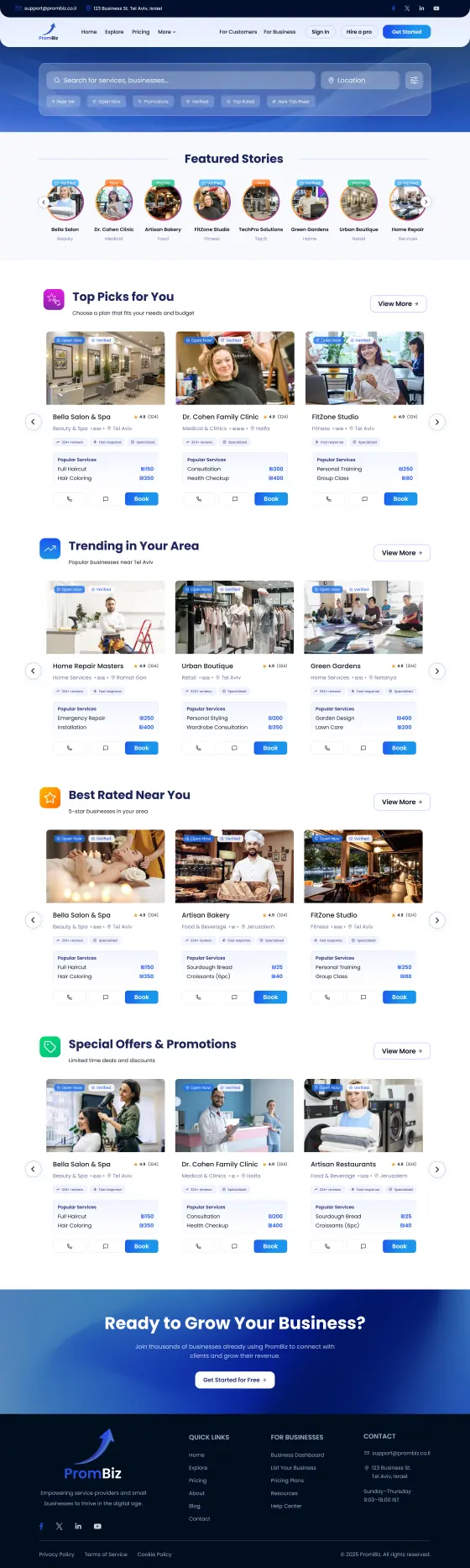 PromBiz Business Growth Platform Website: the Explore page, full length