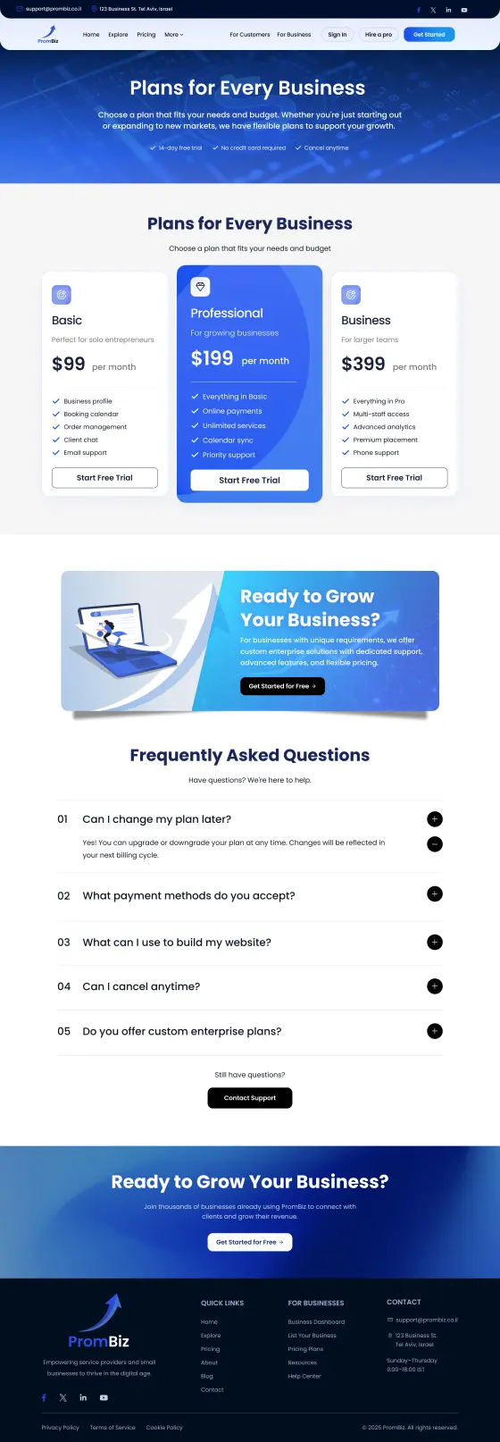 PromBiz Business Growth Platform Website: the Pricing page, full length