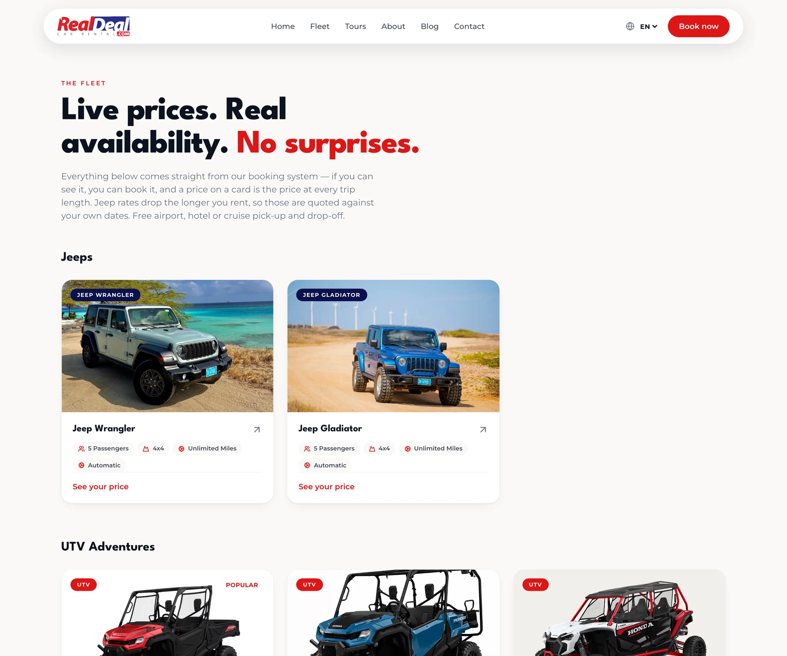 The marketing fleet page reads live from the booking system. A vehicle whose rate changes with trip length shows no day rate at all, because no single number would be true.