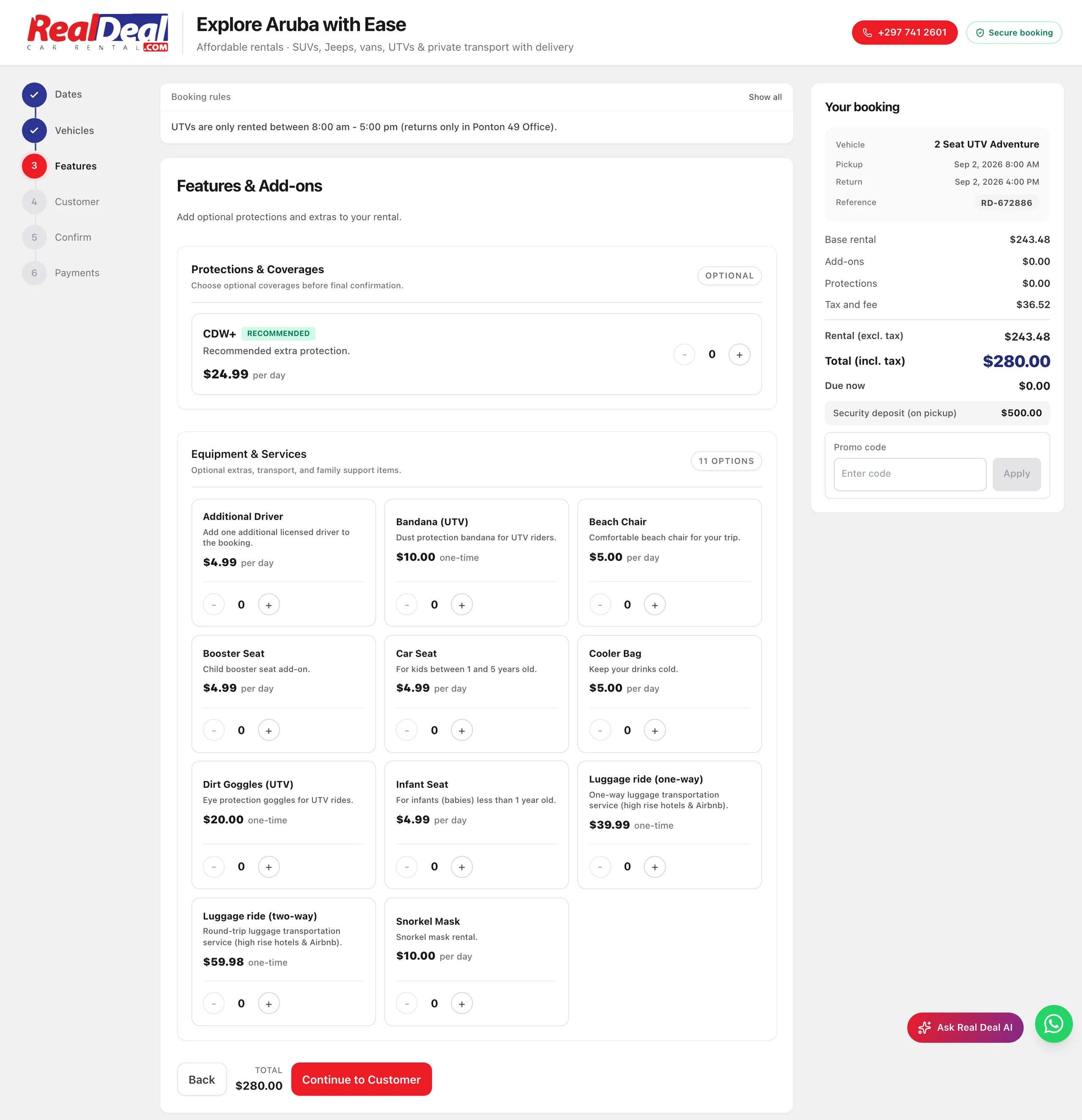 Step three names every optional charge. The panel keeps a running total: rental, tax and fee, deposit, and what is actually due now.