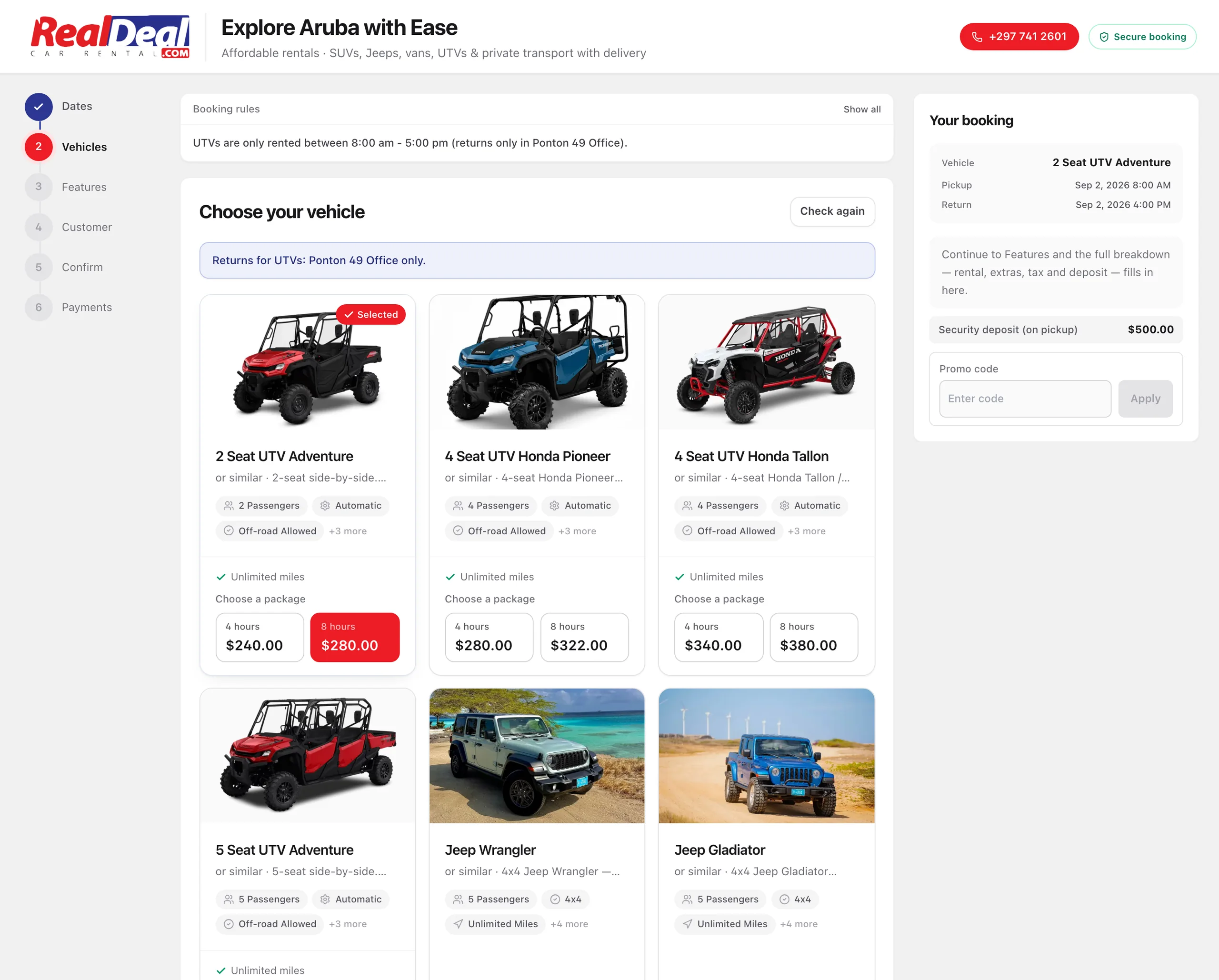 Step two prices the whole fleet against those exact dates. The UTVs are grayed out here because a seven-day window is not a rental they offer. The rules are enforced, not just described.